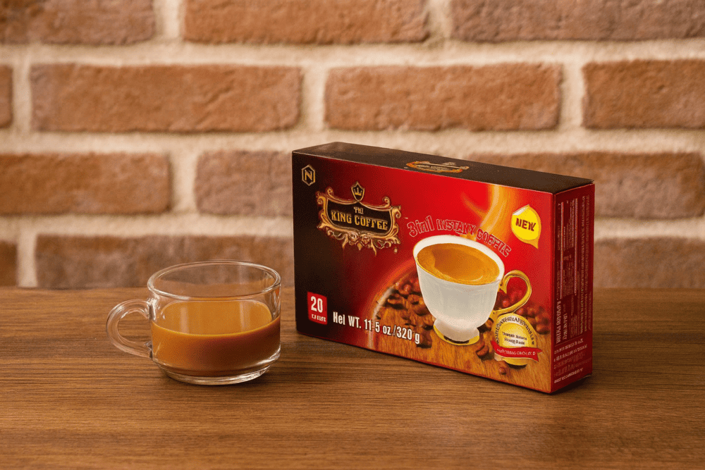 King Coffee delivers a bold, full-bodied flavor with deep roasted notes and a lingering, slightly bitter finish typical of Vietnamese robusta beans